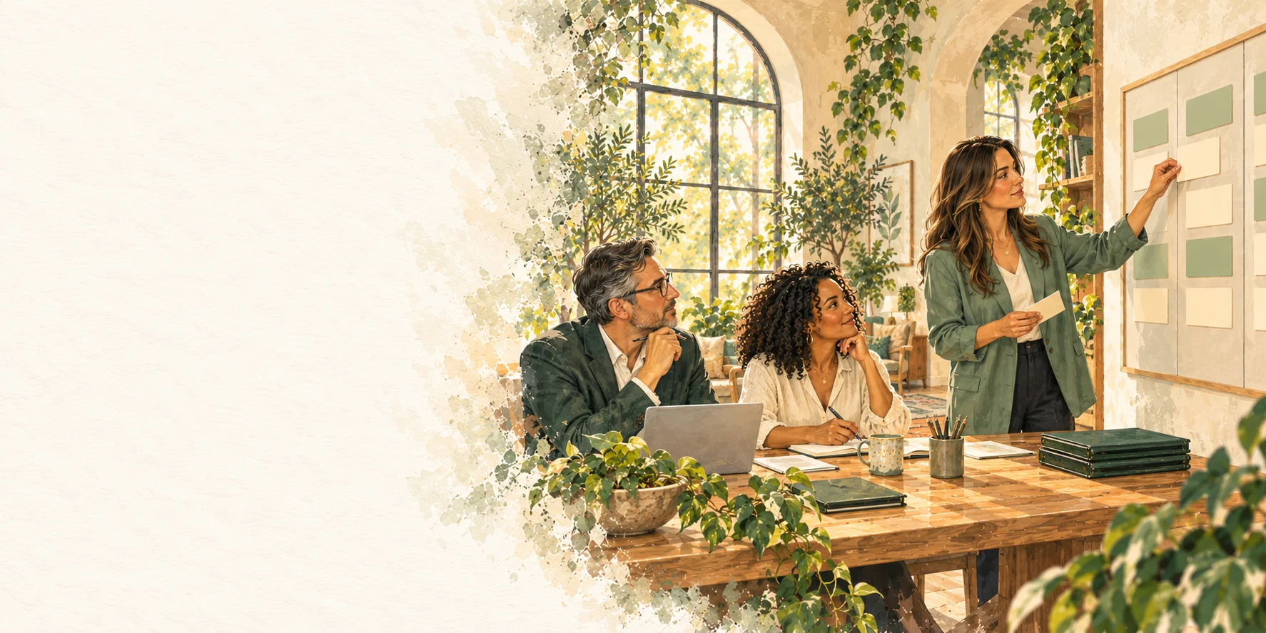 Editorial illustration of an investment and operations team planning together in a sunlit workspace.