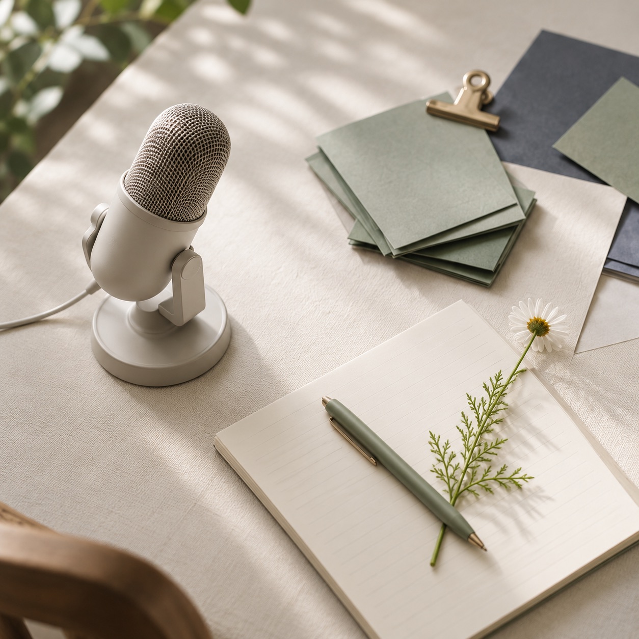 A microphone, sage notebooks and a daisy on a softly lit desk.