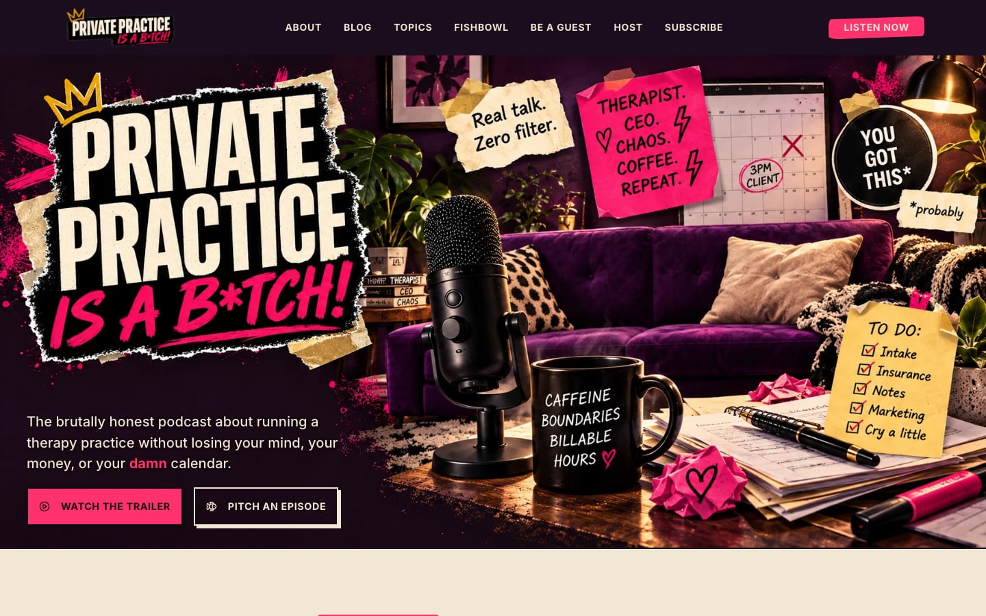 Private Practice Is A Bitch homepage with one wide purple practice-room hero, microphone, coffee and pink paper notes
